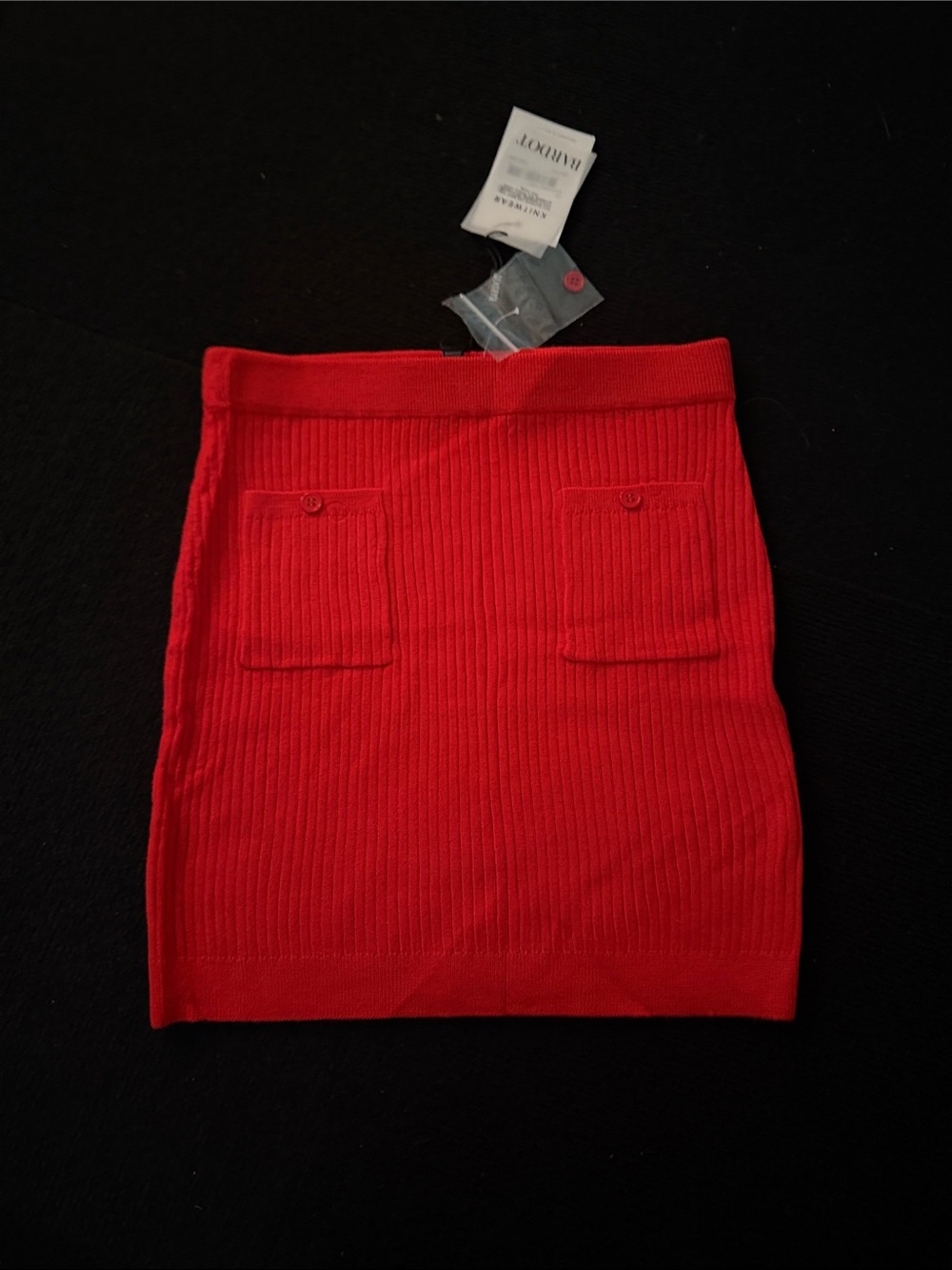 Bardot Bright Red Ribbed Knit Mini Skirt with Patch Pockets